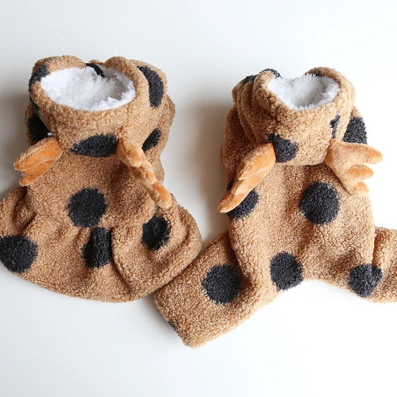 Polka dot elk couple print pet clothing for dogs or cats in skirt and four-legged styles.