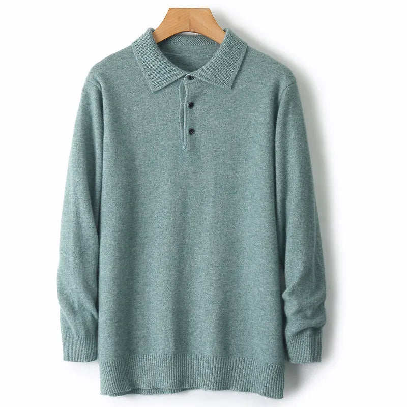 Men's grey wool pullover sweater with a polo collar and long sleeves showcasing collage stitching detail.