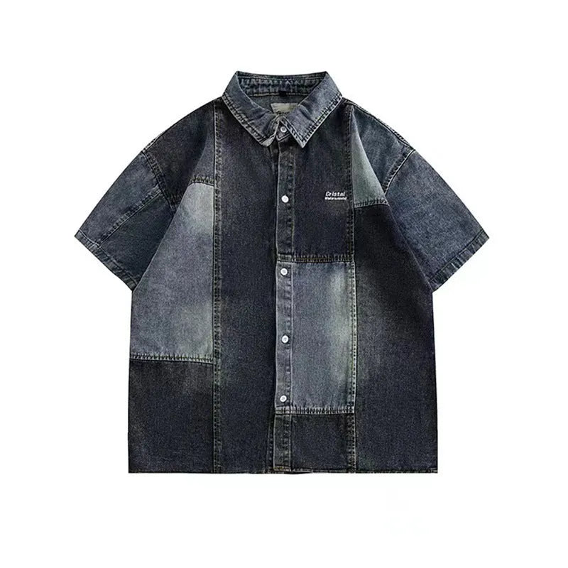 Blue loose-fit men's denim shirt cardigan with washed stitching and a Japanese retro style.