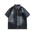 Blue loose-fit men's denim shirt cardigan with washed stitching and a Japanese retro style.