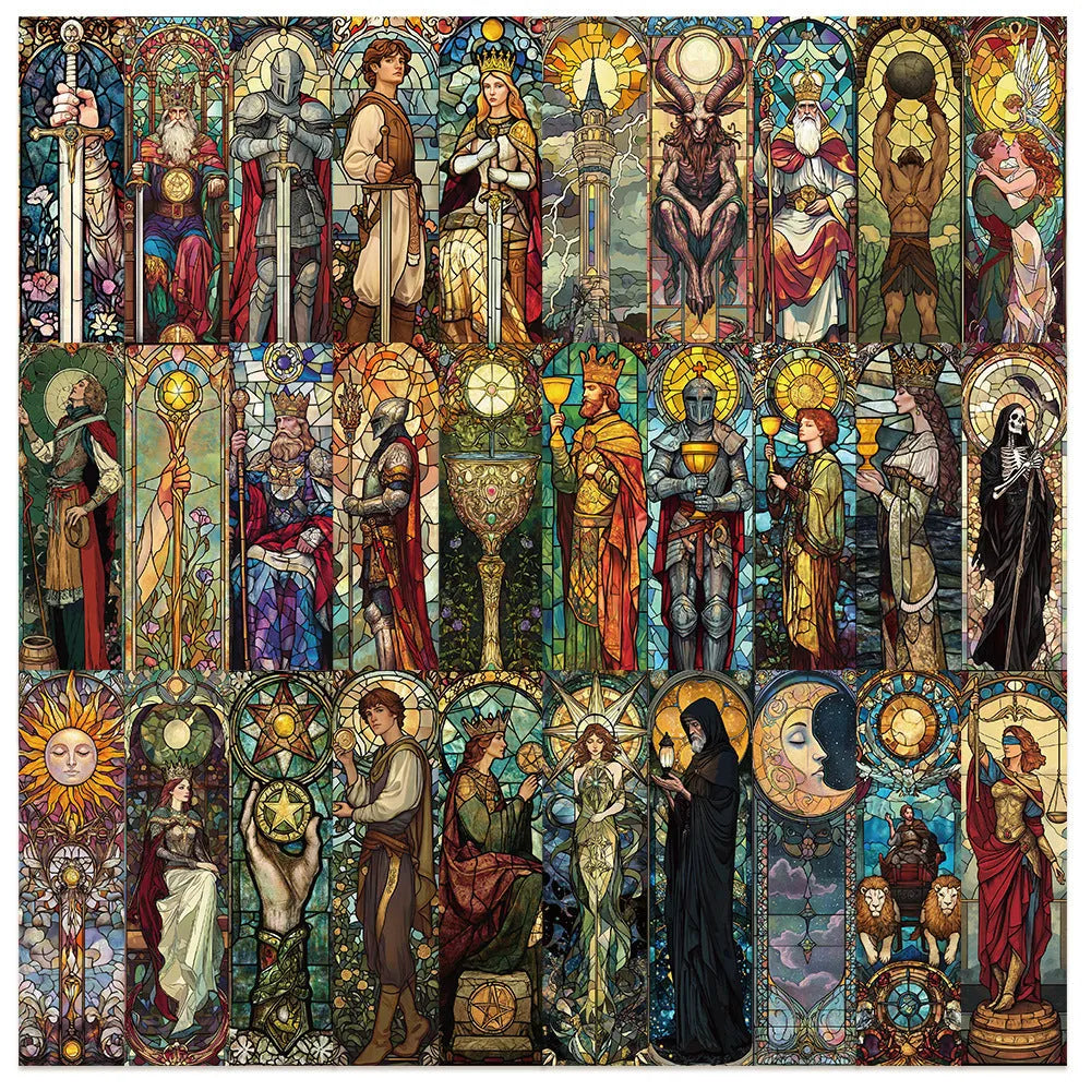 Set of 30 painted glass tarot bookmarks with cute artwork on paper, laid out flat.