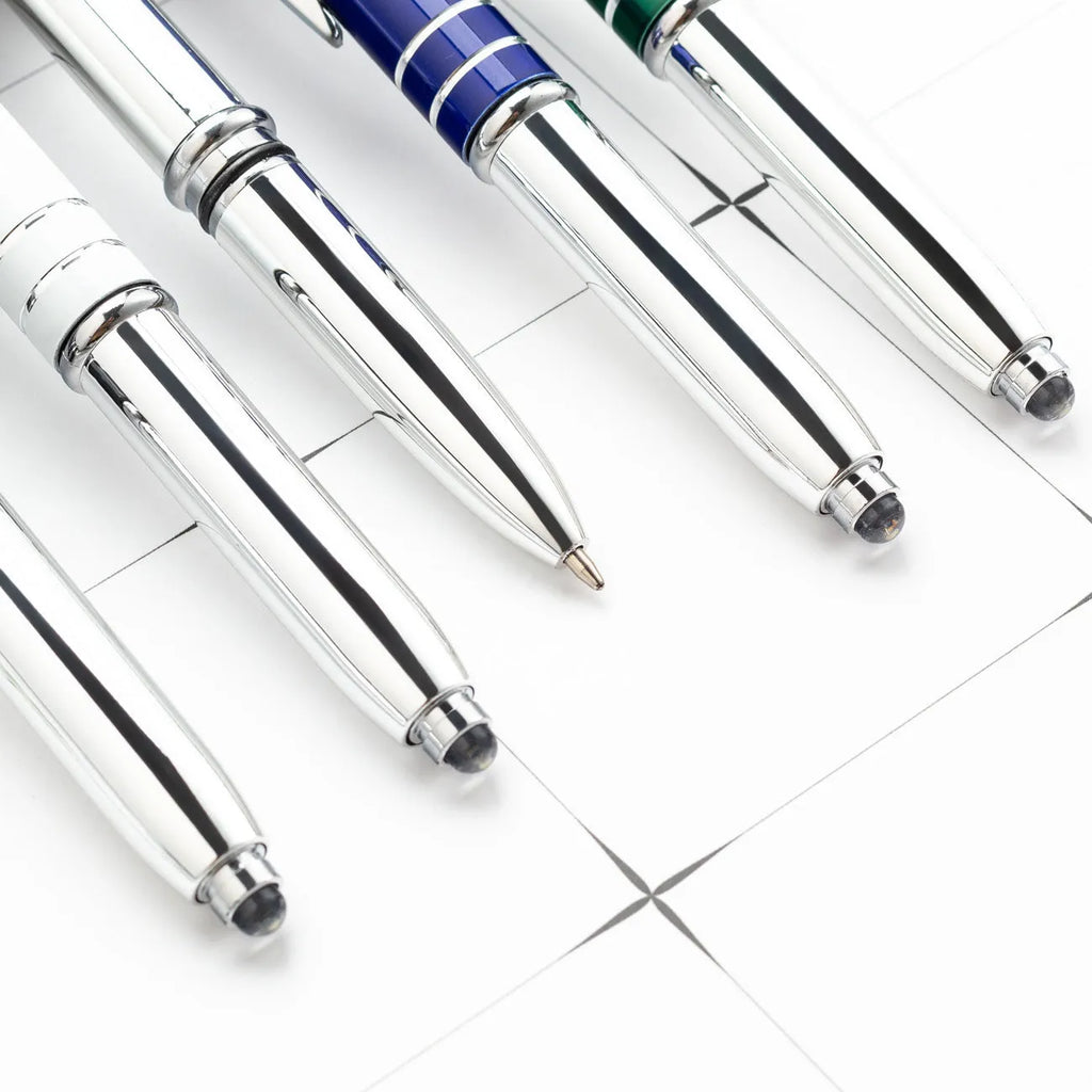 Red metal ballpoint pen with capacitive stylus tip and LED light, one of five colour options