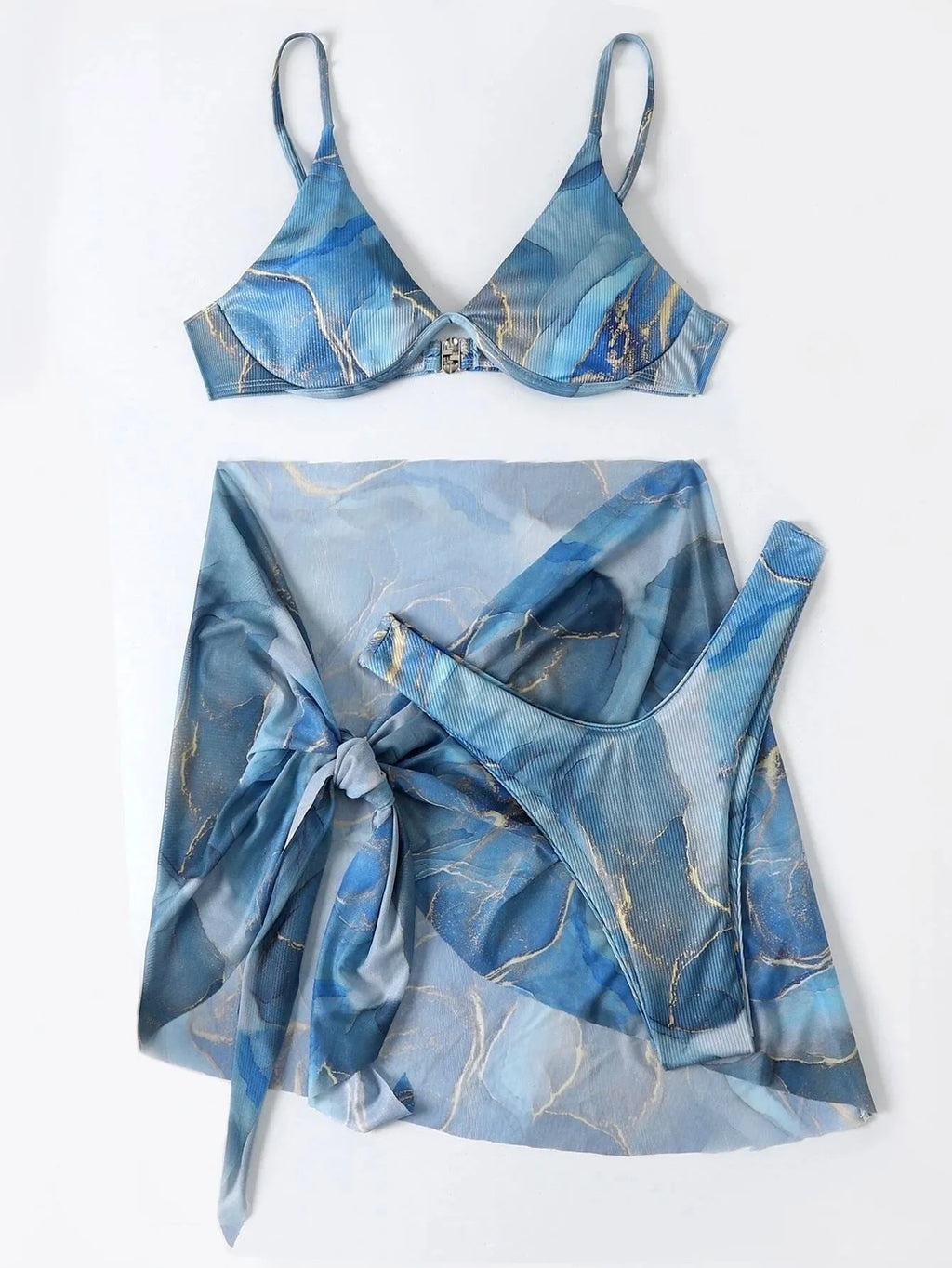 Marble print bikini swimwear 3-piece set showing skirt, bra, and panties in coordinated design