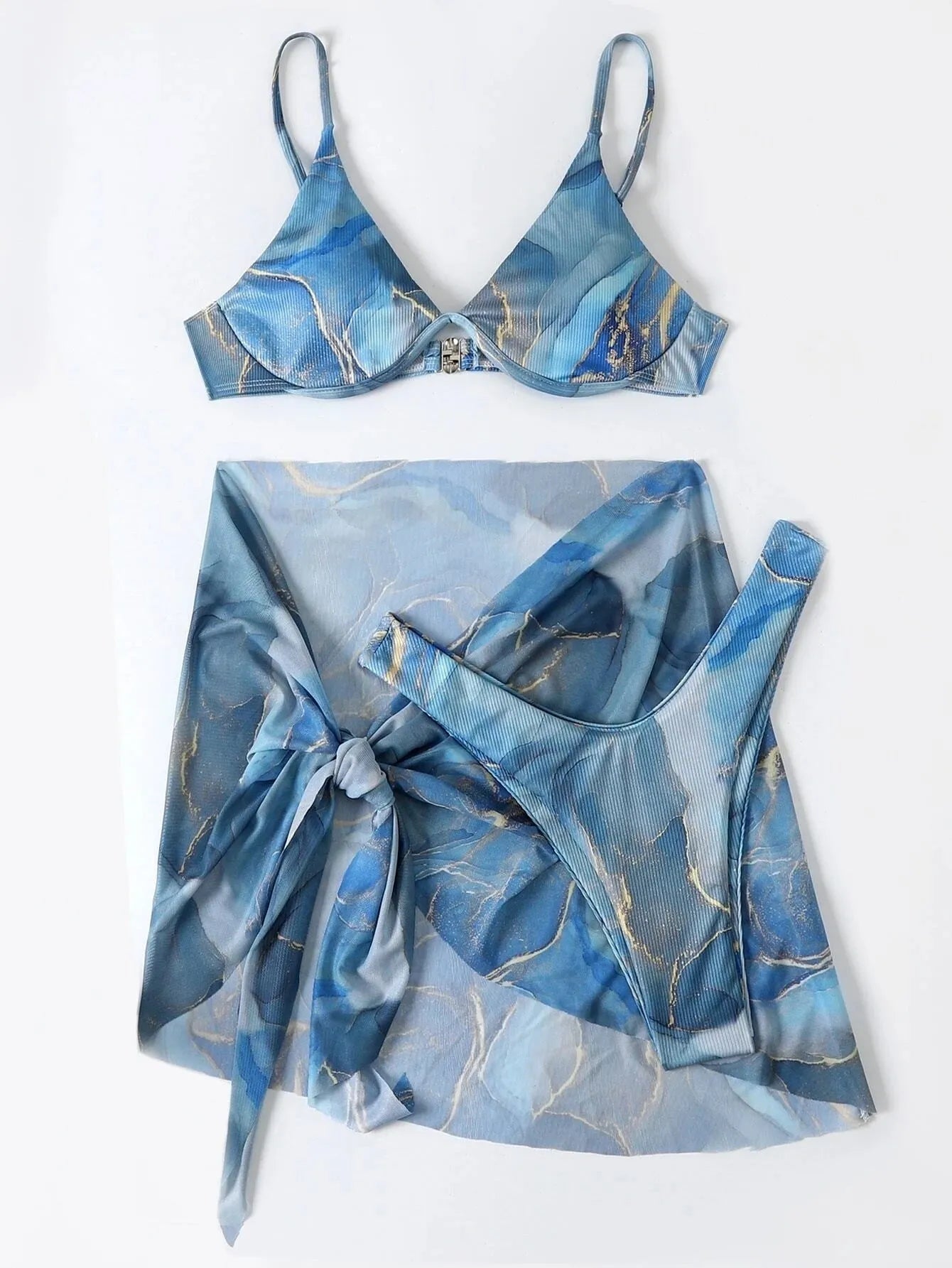 Marble print bikini swimwear 3-piece set showing skirt, bra, and panties in coordinated design