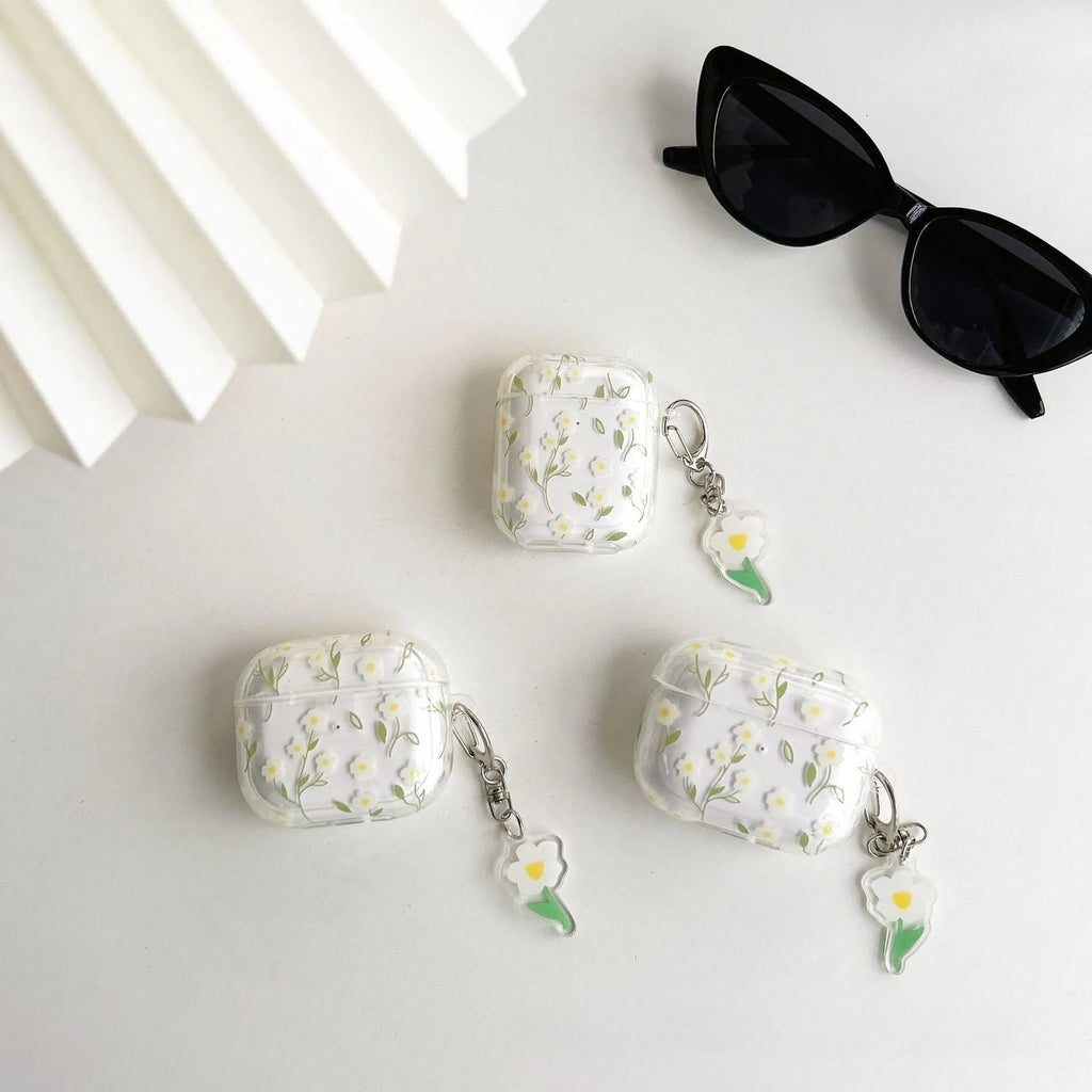 White floral pattern on clear TPU protective case for Apple AirPods