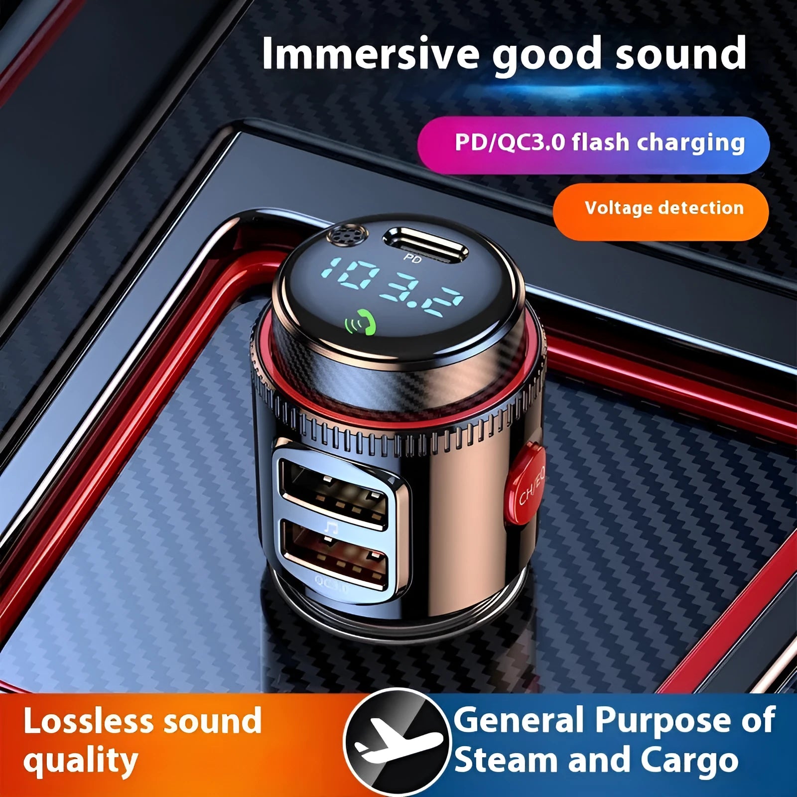 T23 Car MP3 Bluetooth Player with HY-66 PD Fast Charge variant, 1.2 inch display, ABS material, black colour, on a white background