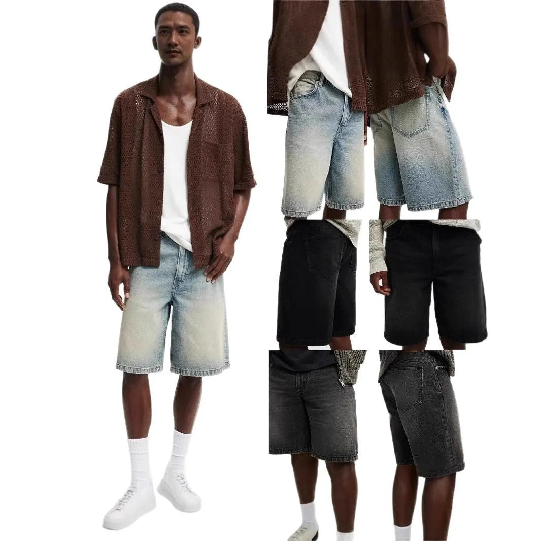 Men's light blue loose fit straight-leg denim jeans on white background