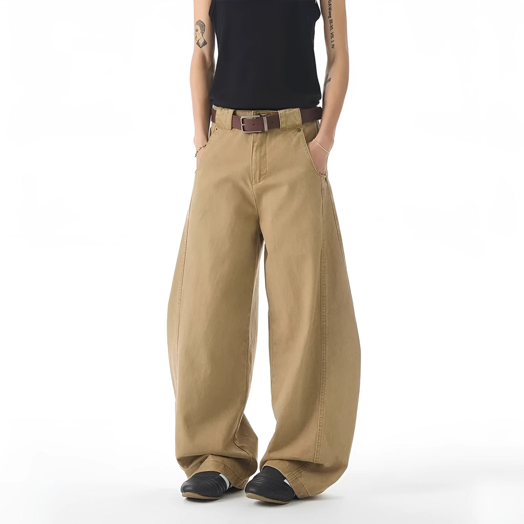 Men's brown loose straight-leg jeans with micro-elastic waist and cardigan button fly