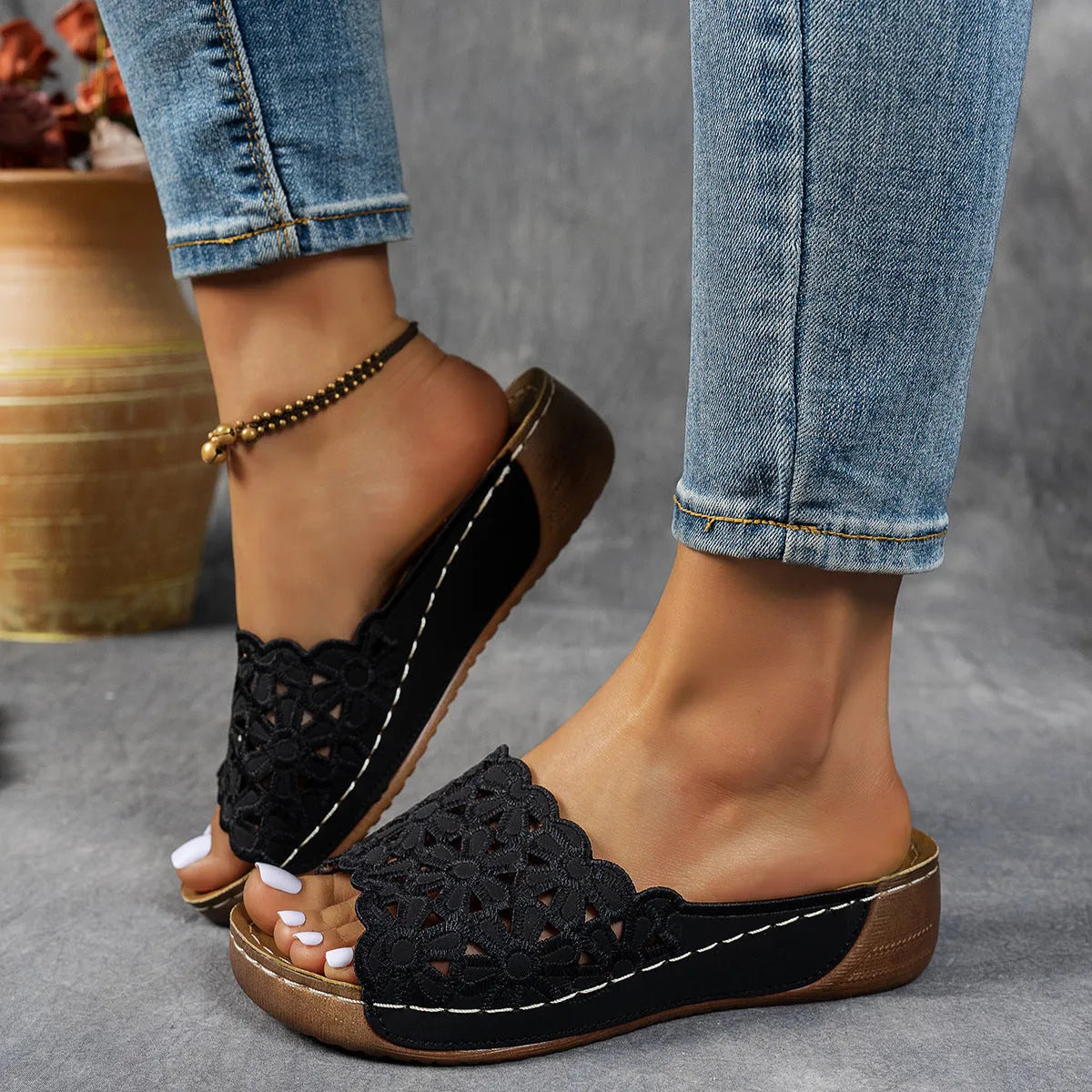 Women's flower cutout wedge beach slippers with PVC upper, fish-mouth toe, available in black, khaki, blue, light brown, sizes 36-43