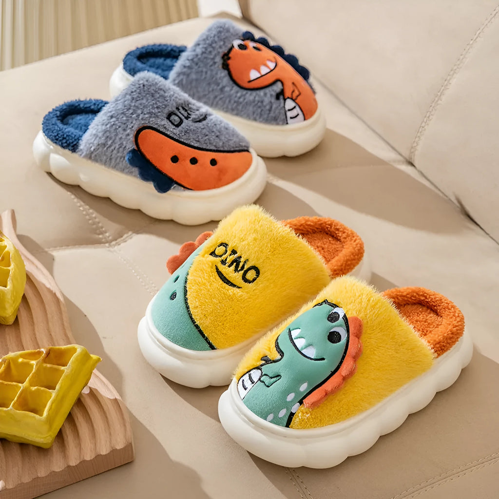 Cotton plush indoor slippers with dinosaur print designs in coffee, grey, and orange-yellow colour options