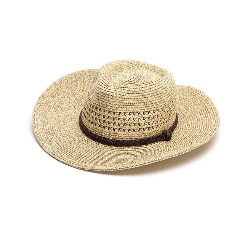 Men's foldable straw sun hat with wide brim in beige colour shown in three different sizes