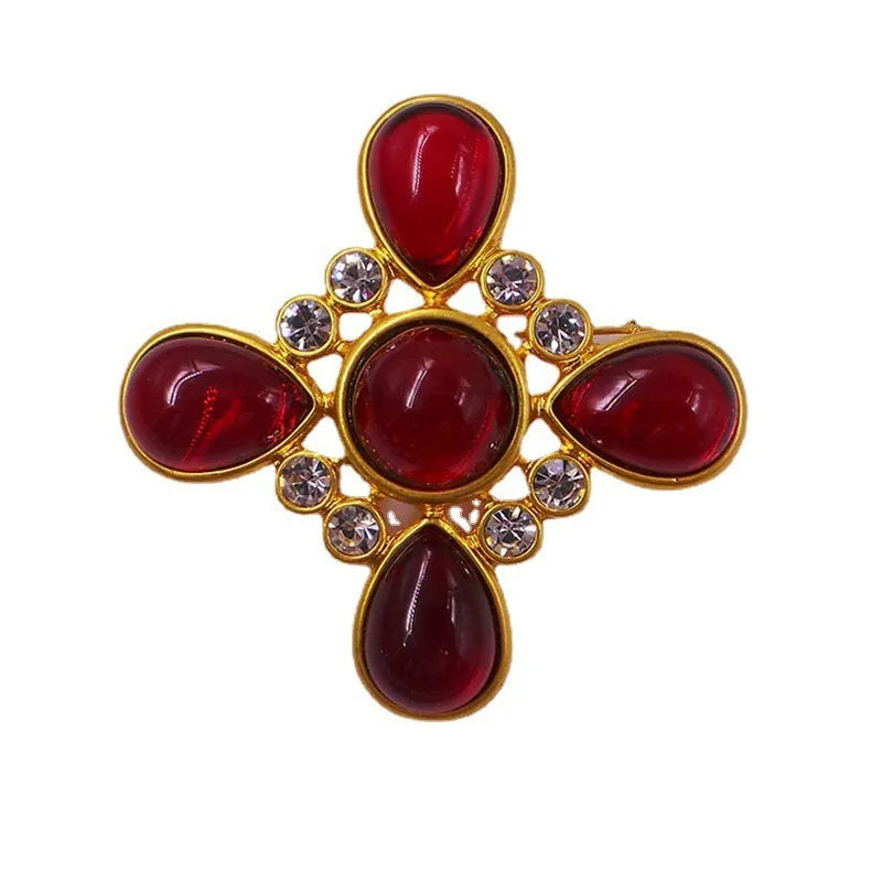 Medieval Baroque style cross brooch with crystal detailing on zinc alloy base