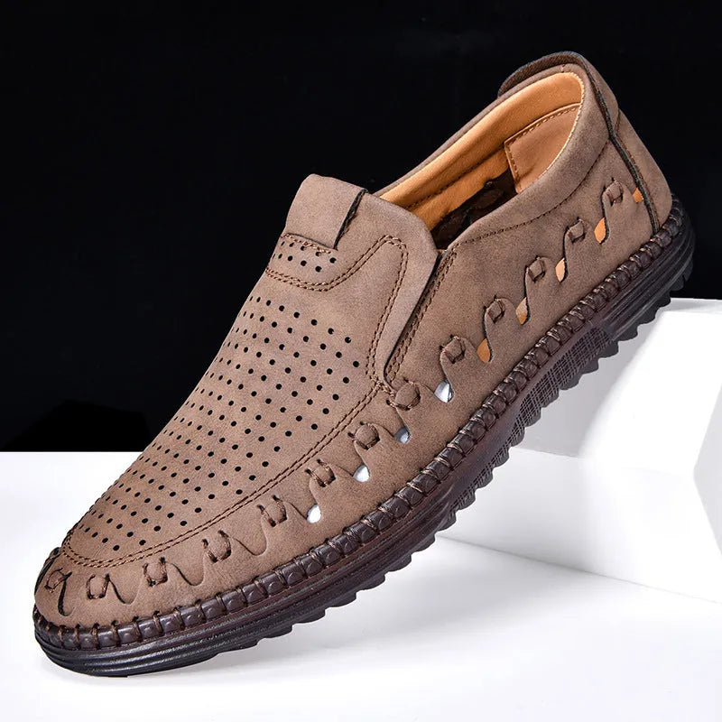 Men's brown slip-on leather casual shoes with round toe and visible stitching details
