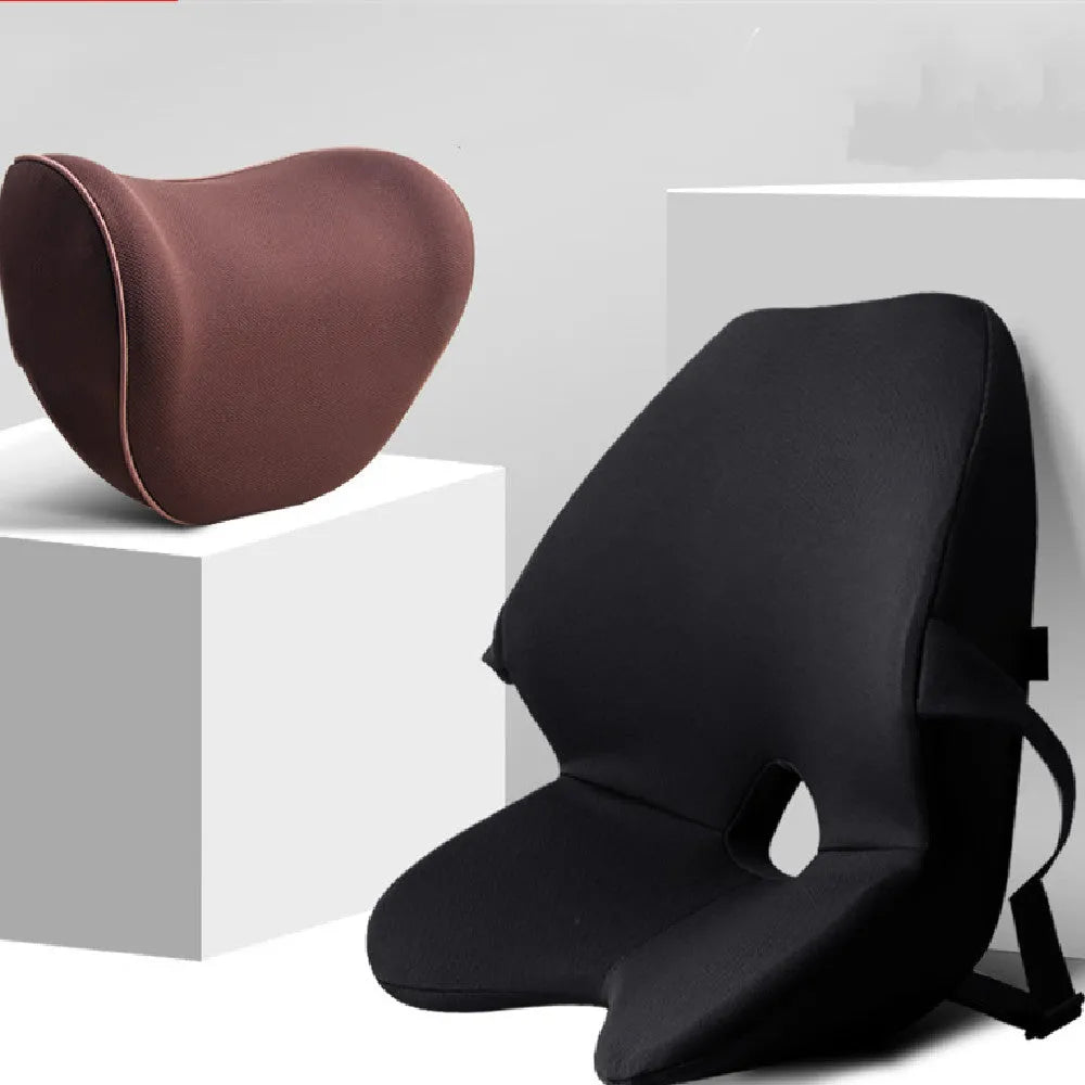 Memory cotton car lumbar support cushion in beige, shown in both waist pad only and waist pad with headrest styles.