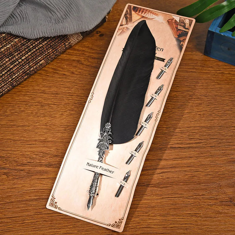 Vintage feather pen with zinc alloy shell in ten colour options showing retro design