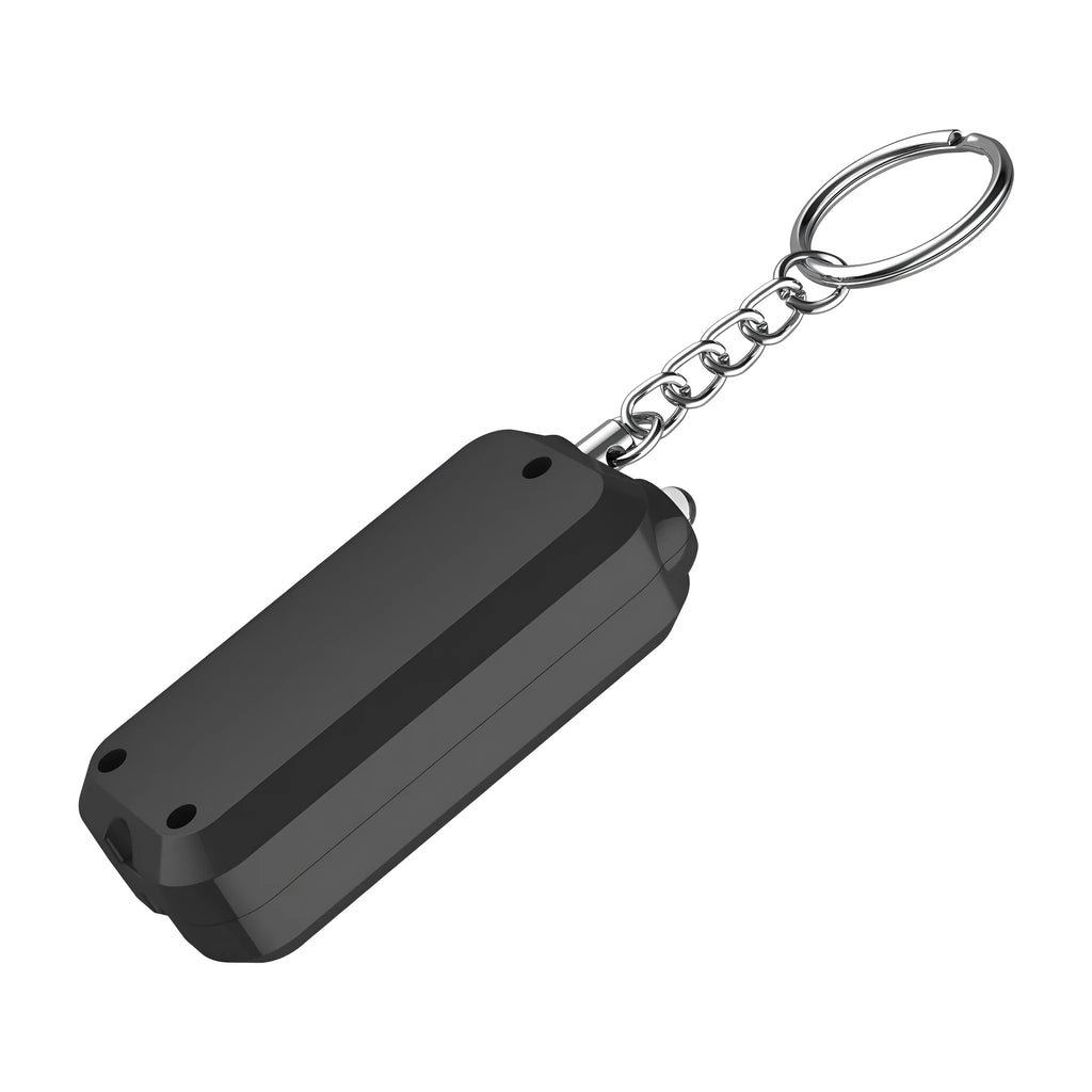 Pink personal safety alarm device measuring 65x30mm with keychain attachment