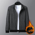 Men's black athletic fit zip-up jacket with a stand-up collar on a hanger