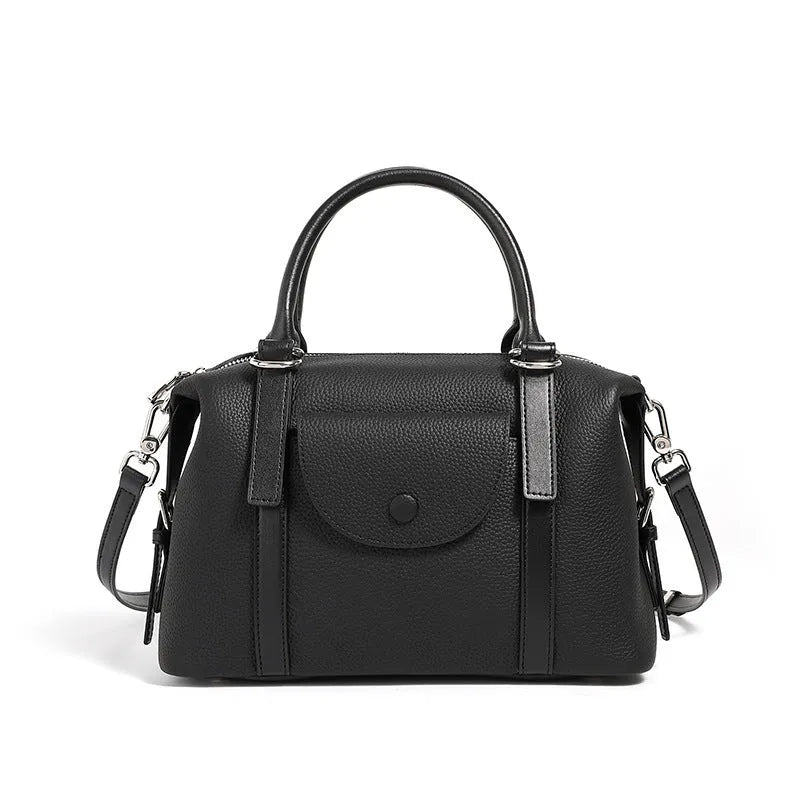 Genuine leather women's handbag in black, grey, or brown with contrast stitching