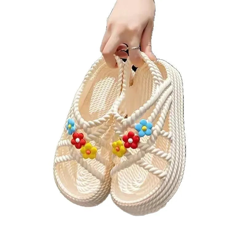 PVC non-slip sandals with flower pattern in beige, round head, lightweight design for women