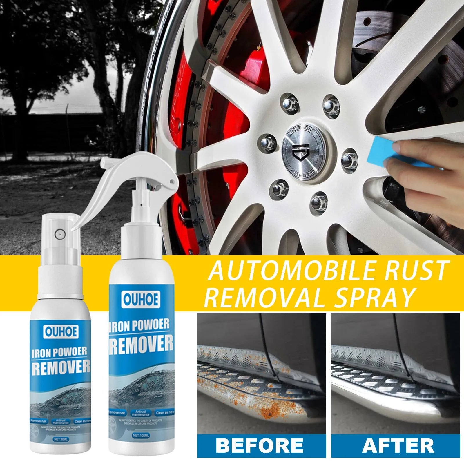 Automotive rust remover spray kit with spray bottle and blue sponge or towel applicator