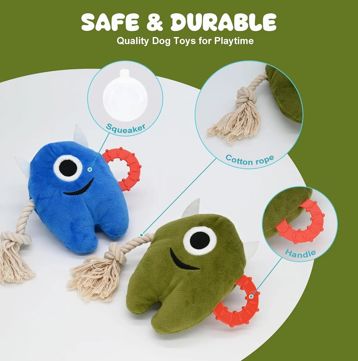 Blue and green plush dog toy with integrated cotton rope elements and squeaker