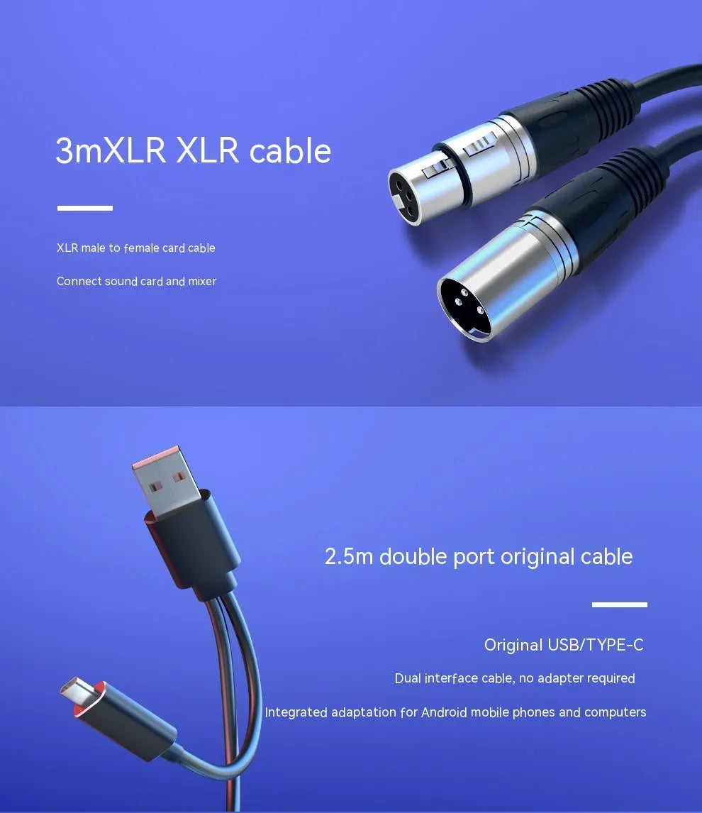 Dynamic noise reduction microphone in black with XLR cable and desktop base.
