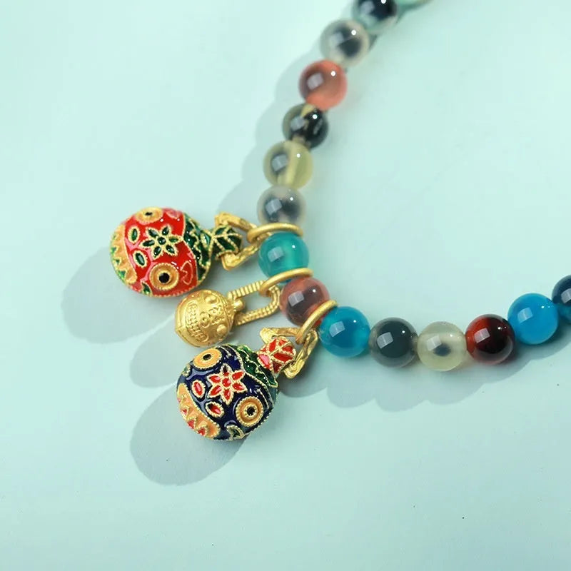 Natural agate bracelet with coloured glaze and copper coin details, women's size, 6mm and 8mm beads, handmade