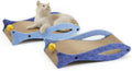 Blue fish-shaped cat scratcher with corrugated cardboard construction and hanging bell ball toy