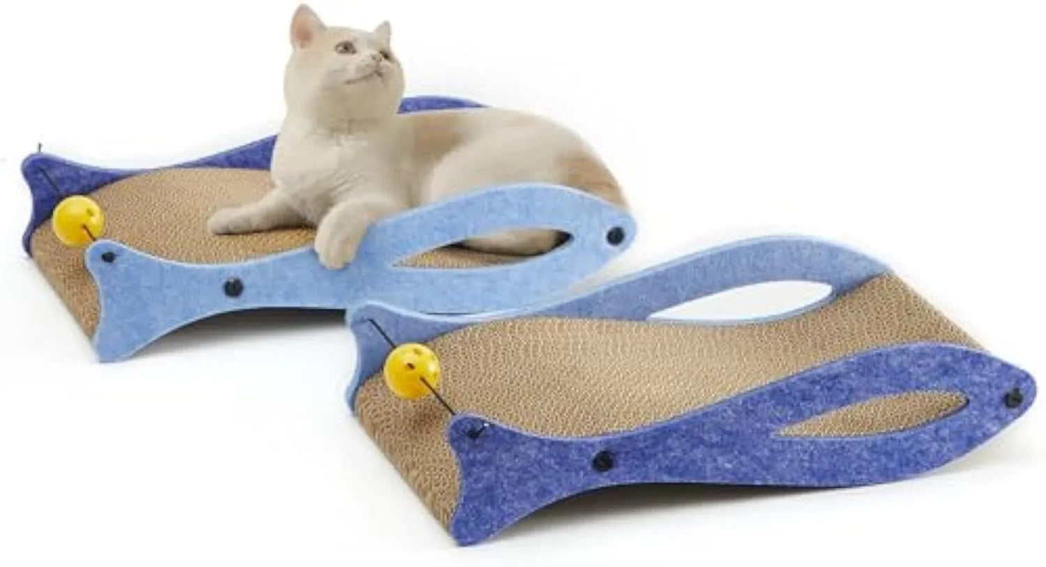 Blue fish-shaped cat scratcher with corrugated cardboard construction and hanging bell ball toy