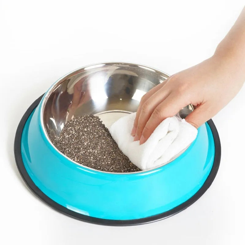 Stainless steel pet bowl inside a colourful melamine pot with a non-slip rubber ring base.