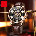 Men's automatic mechanical watch with hollow dial visible movement and transparent case back