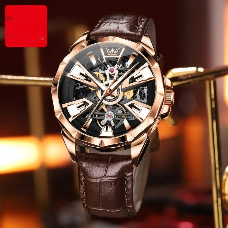 Men's automatic mechanical watch with hollow dial visible movement and transparent case back