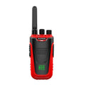 Red and yellow compact portable intercom with antenna on a white background.