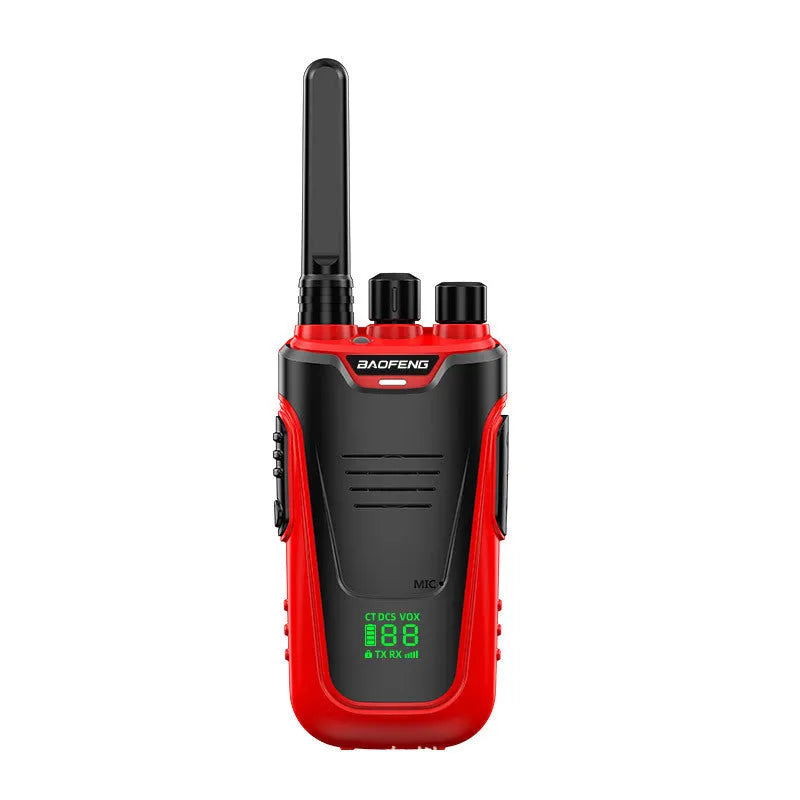 Red and yellow compact portable intercom with antenna on a white background.