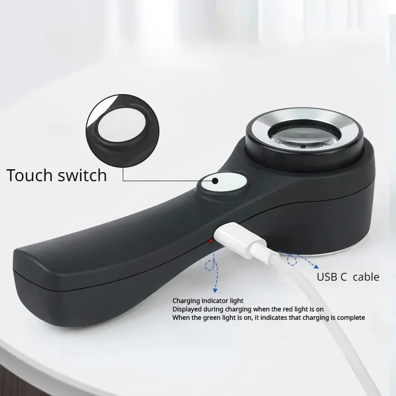 Handheld appraisal magnifying glass with optical glass lens in black and silver on white background
