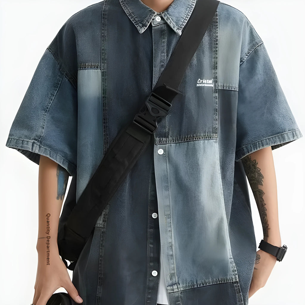 Blue loose-fit men's denim shirt cardigan with washed stitching and a Japanese retro style.
