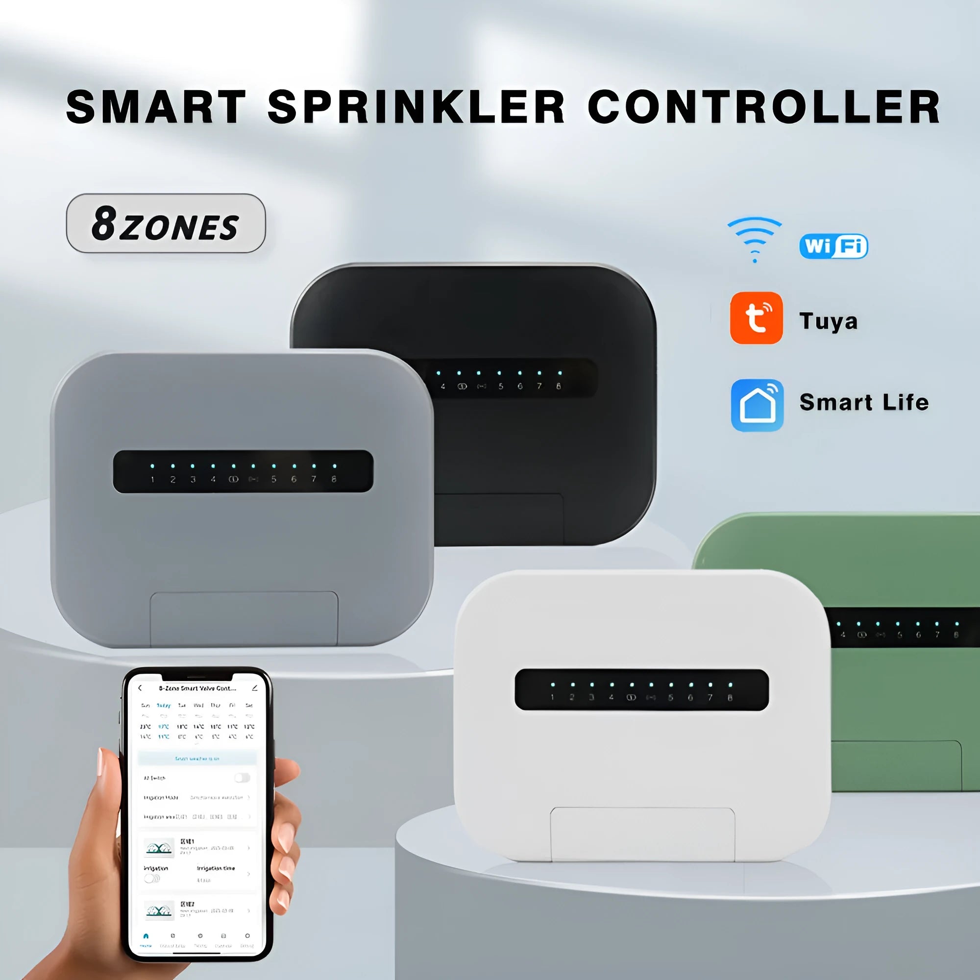 8-way smart water valve irrigation controller with wireless bridge and scheduled watering, available in black, gray, green, white