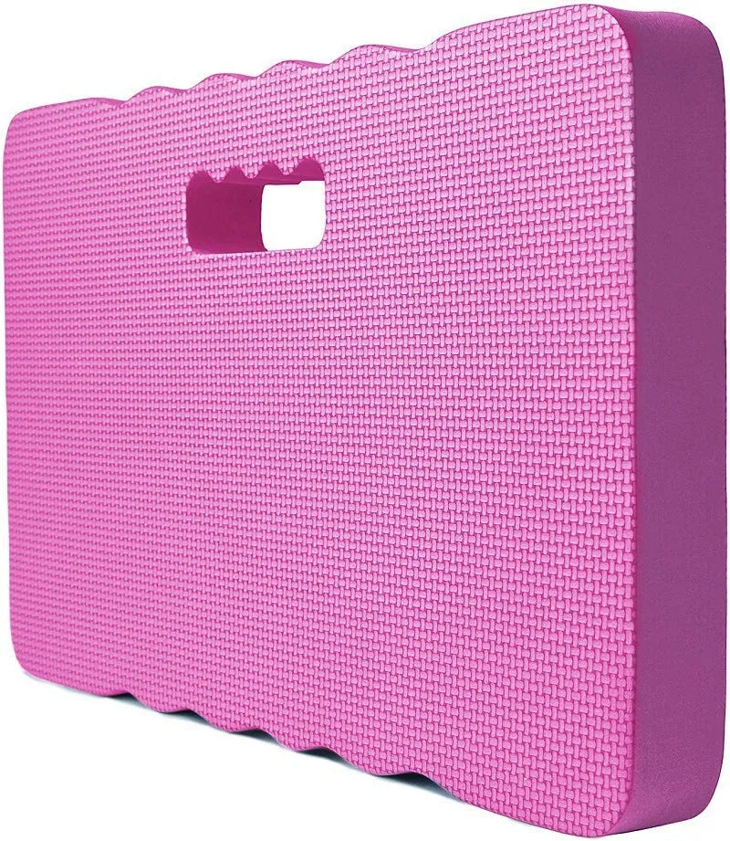 Blue plastic garden kneeler pad on grass, showing its size and thickness for knee protection during gardening.