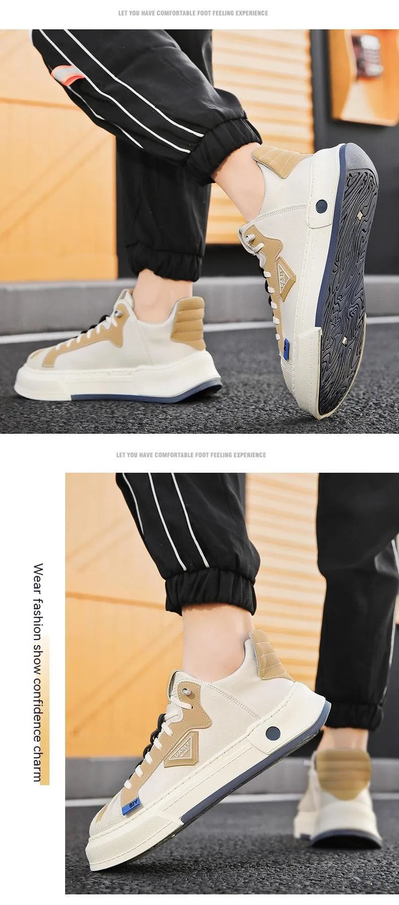 Men's beige and black casual sneakers with elastic band closure and microfiber upper