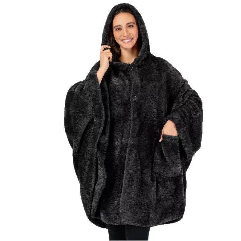 Thickened hooded bathrobe in polyester with long sleeves, available in pink, dark gray and black