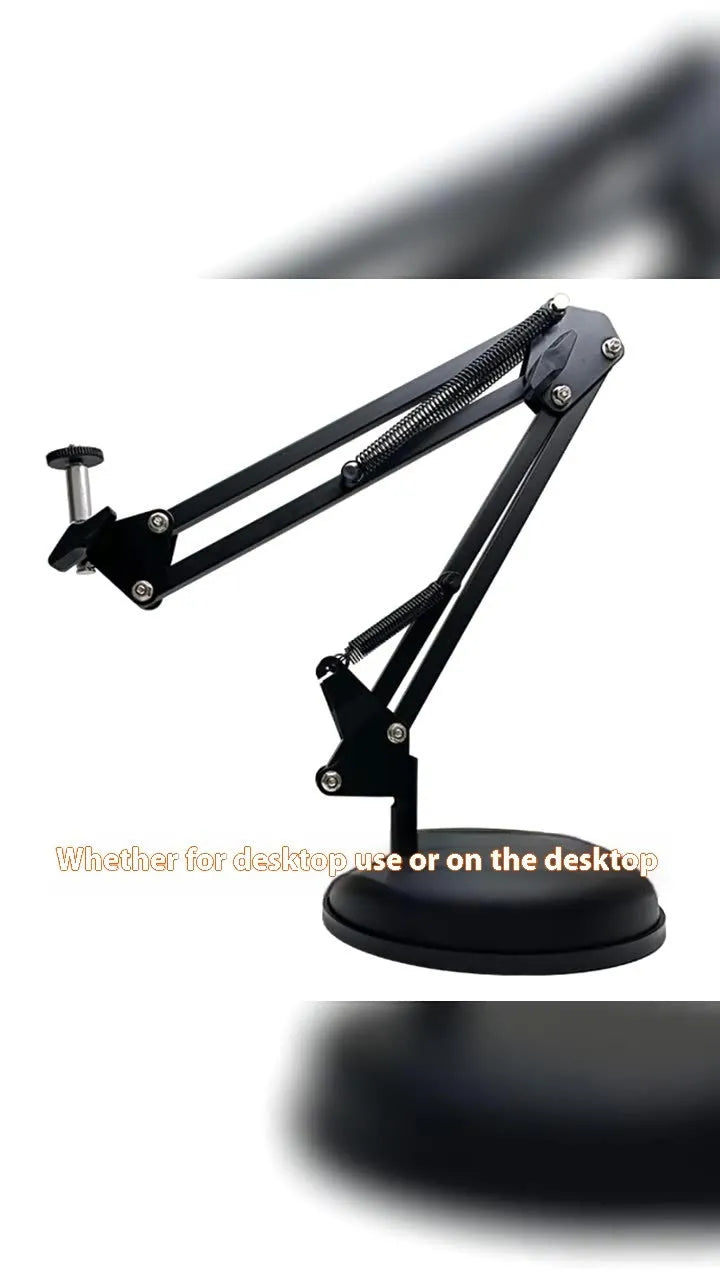 Black foldable metal desktop cantilever bracket with tablet clip extended in adjustable position