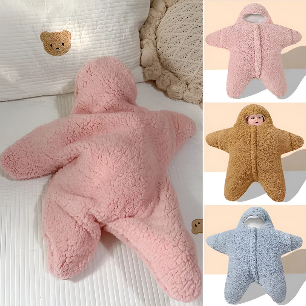 Newborn baby starfish lamb velvet sleeping bag with hood and zipper in pink, grey, light blue, and khaki for 0-6 months