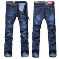 Men's straight slim jeans in dark blue with stackable leg, 35% cotton, water-washed finish, sizes 28-38