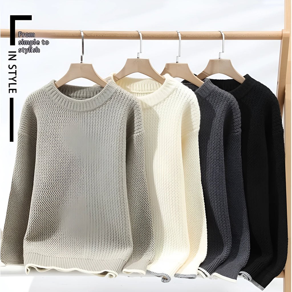 Men's grey casual pullover sweater with round neck and long sleeves