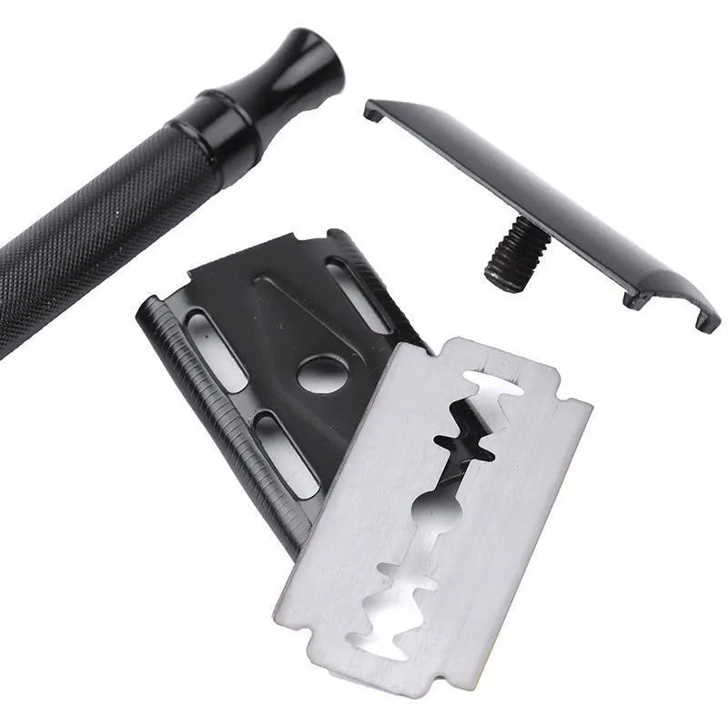 Traditional manual pogonotomy metal shaver scraper and brush set in black or silver finish