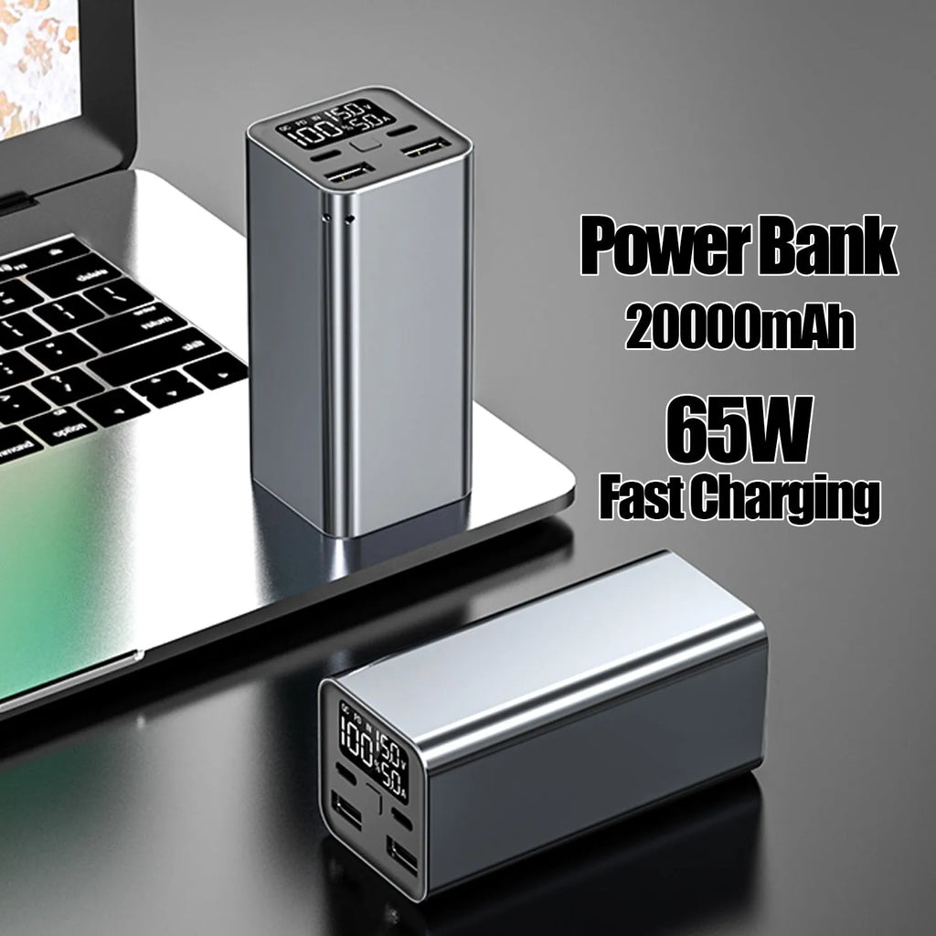 65W metal power bank for laptop charging with 20000mAh capacity in black, blue or grey colours