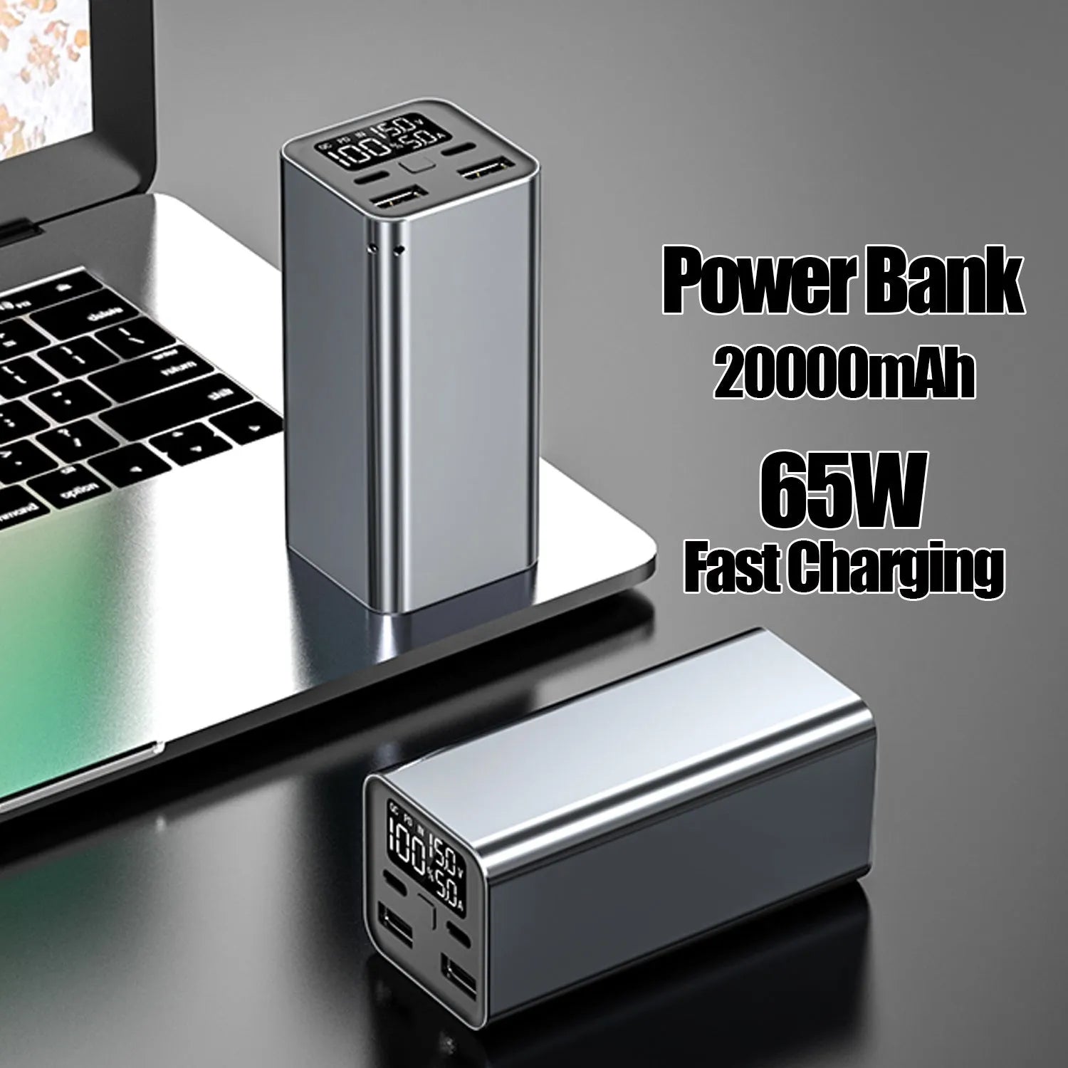 65W metal power bank for laptop charging with 20000mAh capacity in black, blue or grey colours