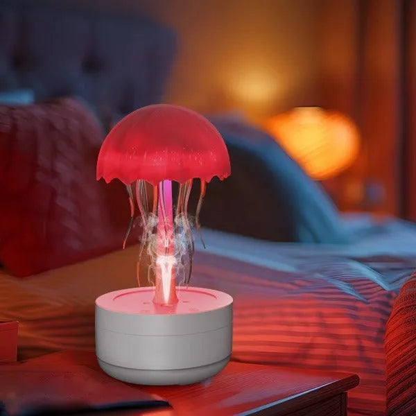White resin jellyfish humidifier diffuser with 7-colour night light and essential oil tray for bedroom or office desk