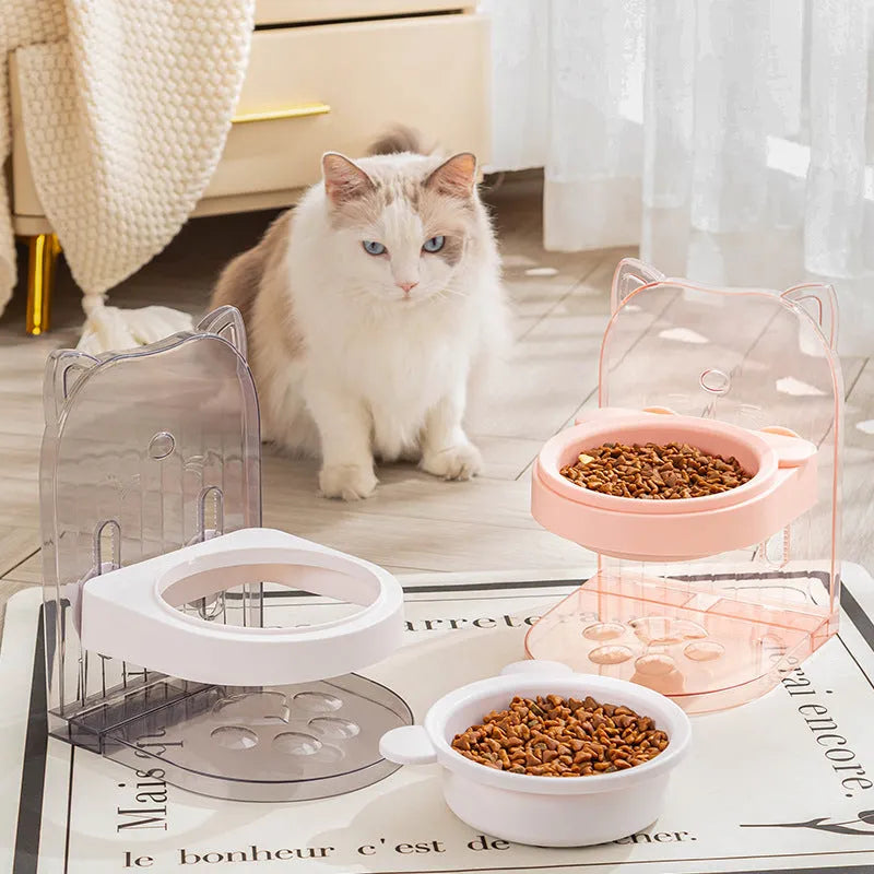 Grey adjustable height cat bowl with protective ears and removable cage for neck support