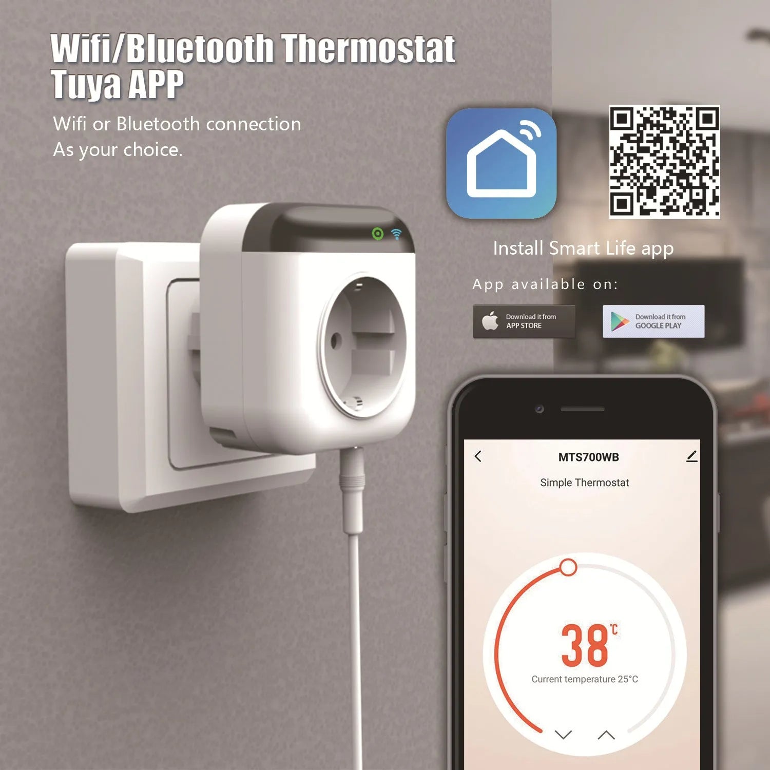 White Tuya smart socket with US 3-pin outlet and a separate temperature sensor probe.
